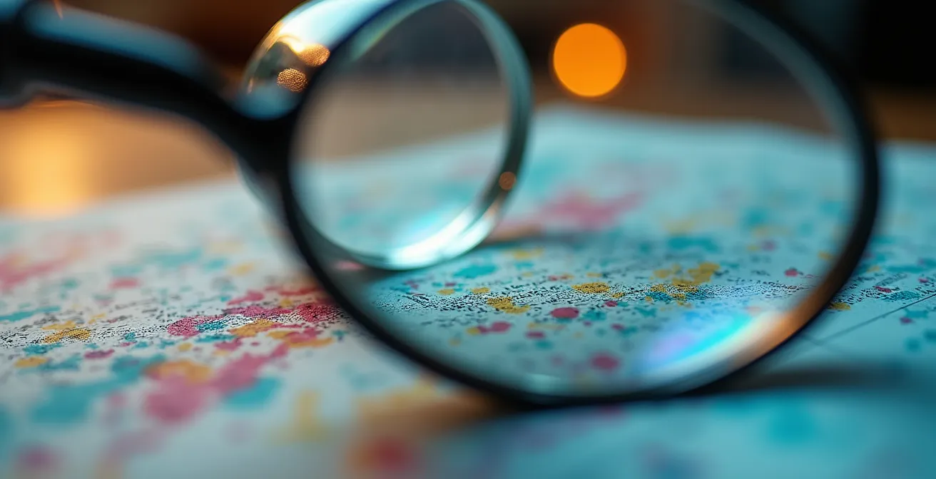Vue macro d'une loupe grossissant une texture de papier avec des motifs abstraits colorés suggérant l'analyse
