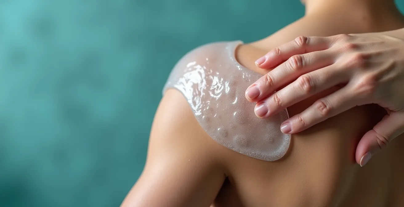 Application d'un gel de massage sur la zone des trapèzes avec technique de massage circulaire