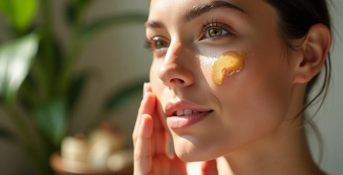 Visage de femme avec gouttes d'eau et reflets dorés d'huile, atmosphère spa minimaliste