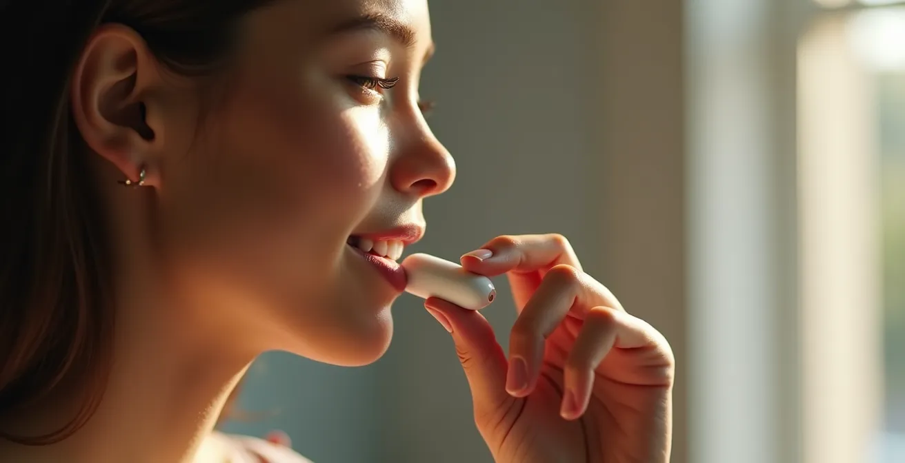 Personne tenant un pod CBD avec un geste naturel main-bouche, dans une lumière douce.