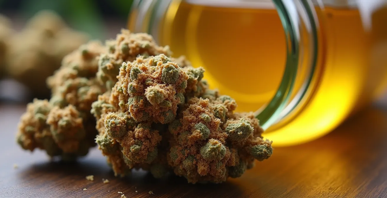 Fleurs de CBD vaporisées dorées dans un bocal en verre avec huile de coco