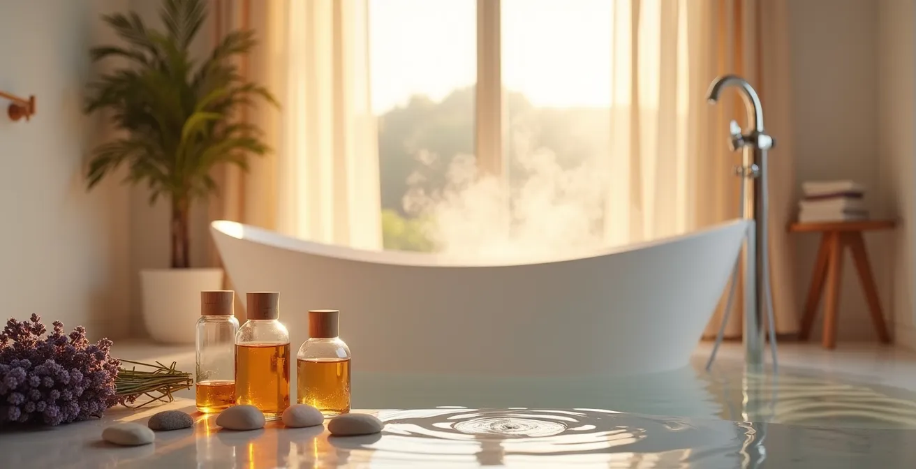 Ambiance apaisante d'une salle de bain minimaliste avec baignoire et éléments naturels