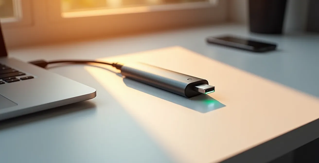 Cigarette électronique en charge avec câble USB-C sur bureau minimaliste