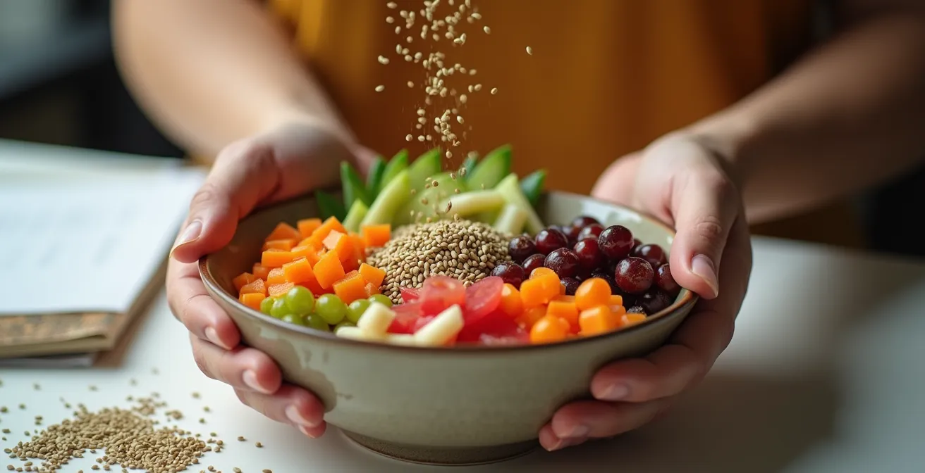 Bol de salade composée garnie de graines de chanvre décortiquées