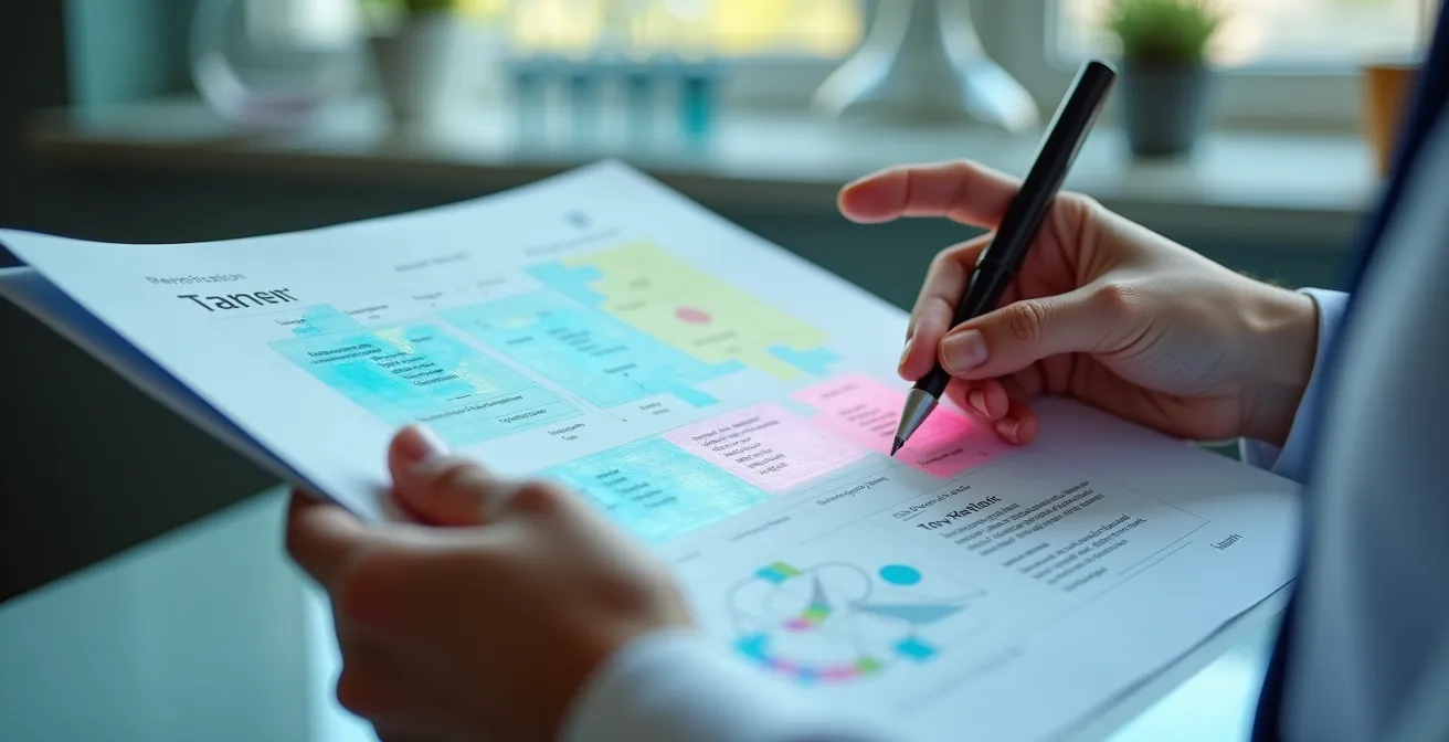 Main tenant un certificat d'analyse CBD avec zones colorées pour faciliter la lecture