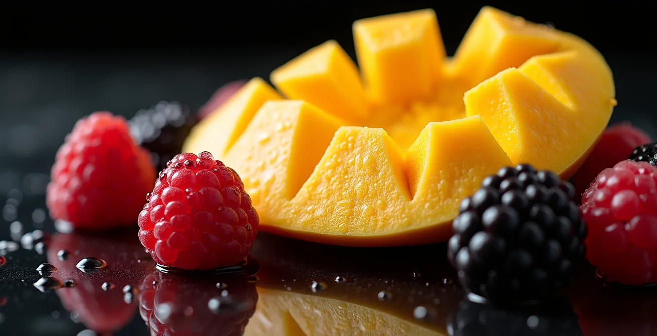 Macro photographique de mangue juteuse et fruits rouges avec gouttelettes de condensation sur surface noire réfléchissante