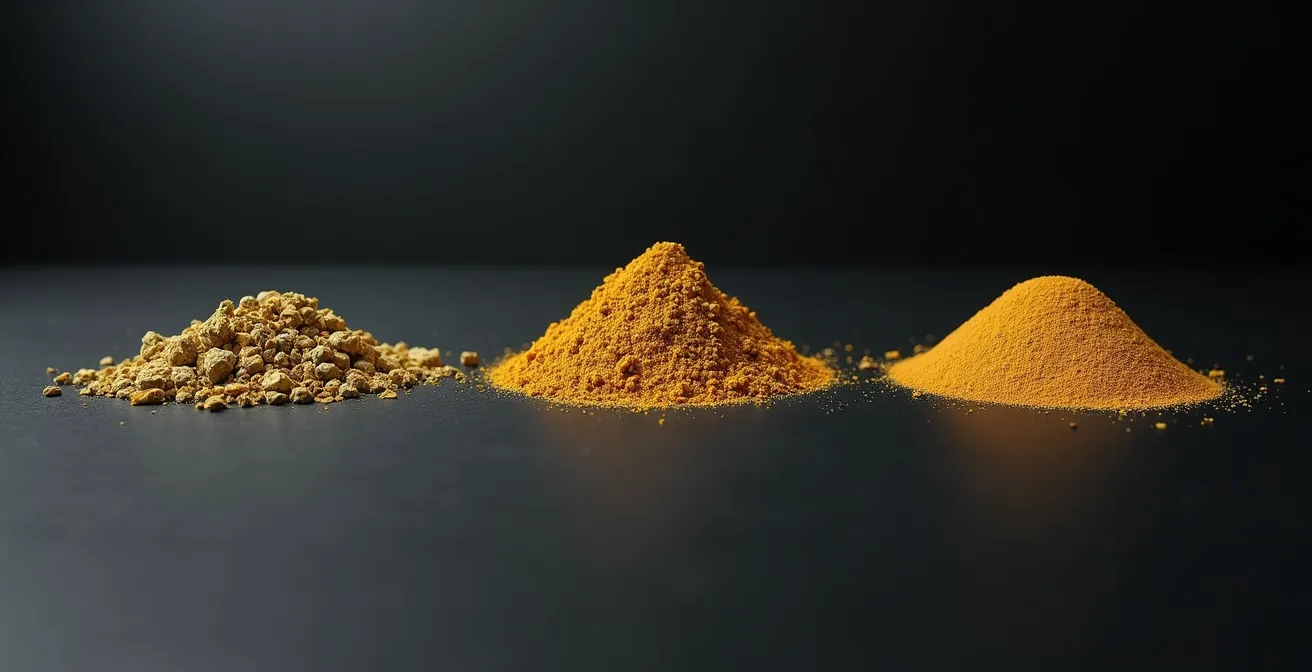 Différentes finesses de mouture de fleurs CBD, de grossière à fine, adaptées à la vaporisation.