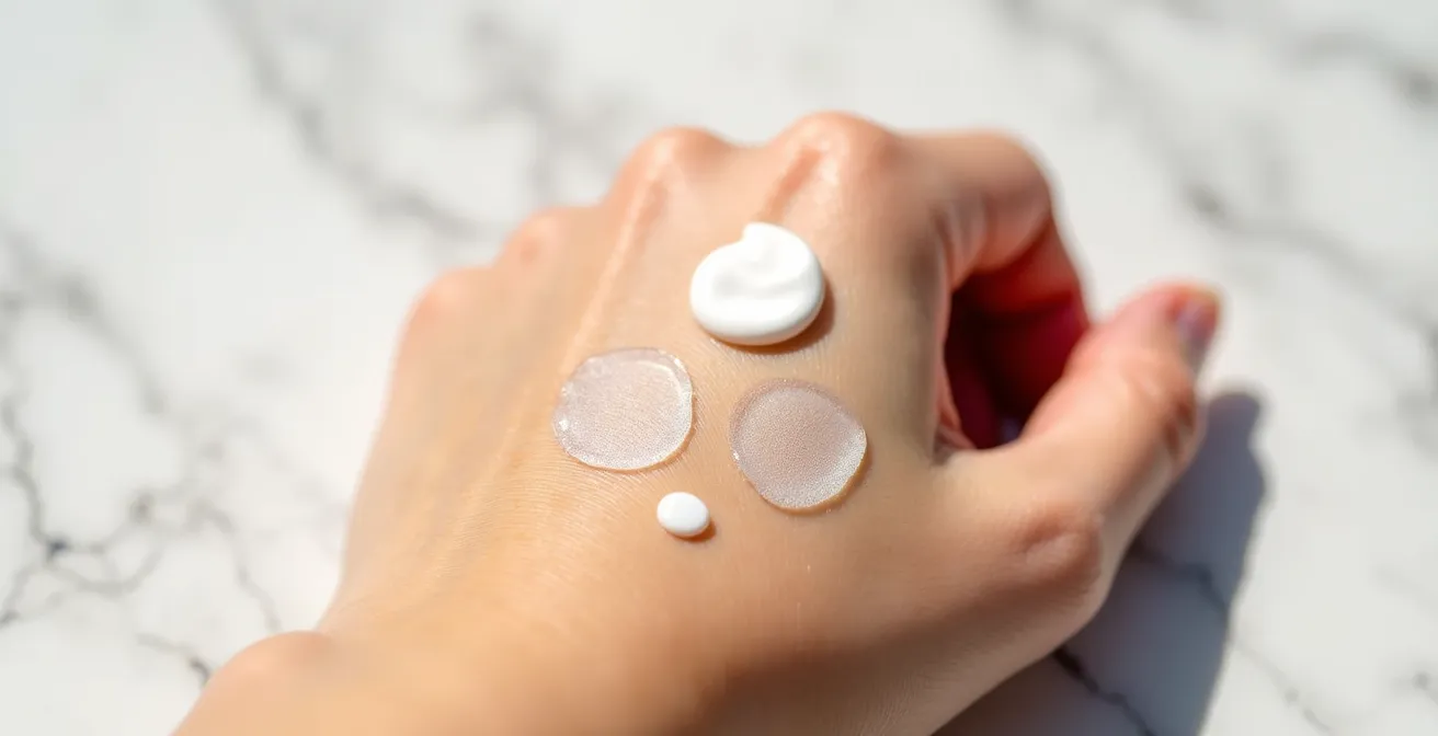 Comparaison visuelle de trois textures de soins au CBD sur la peau