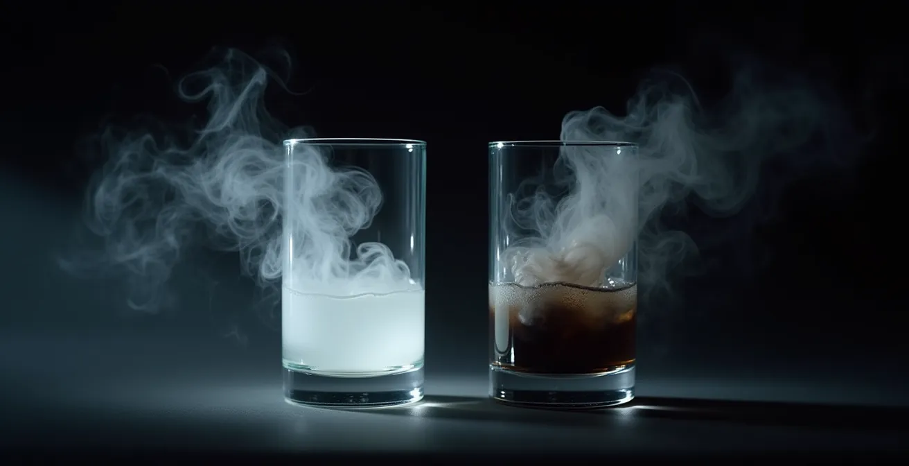 Comparaison visuelle entre vapeur pure et fumée de combustion sous éclairage latéral