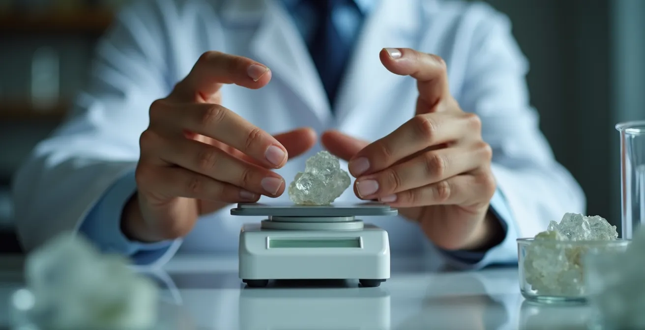 Préparation minutieuse de cristaux CBD avec balance de précision