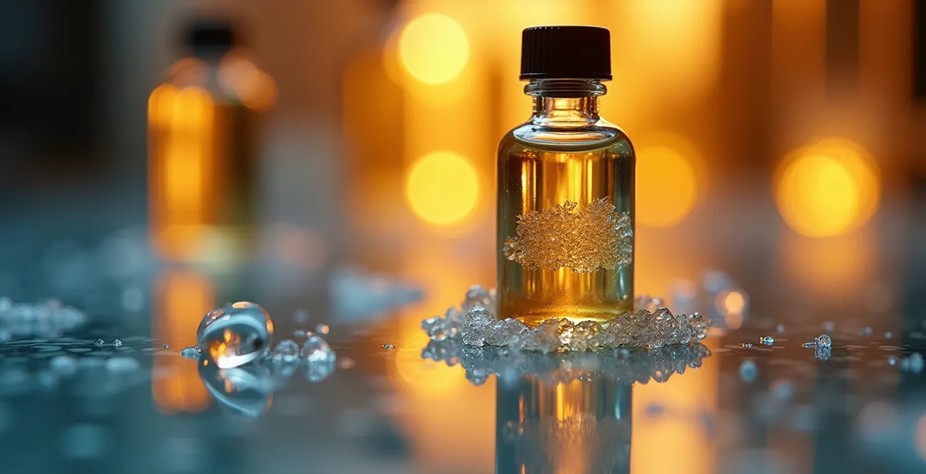Cristaux de CBD dans un flacon d'e-liquide en cours de dissolution