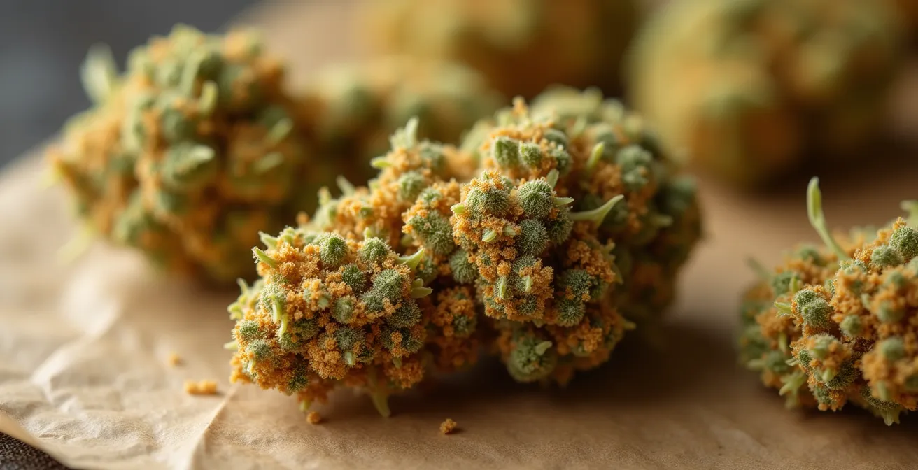 Fleurs de CBD dorées sur plaque de cuisson montrant la transformation par décarboxylation