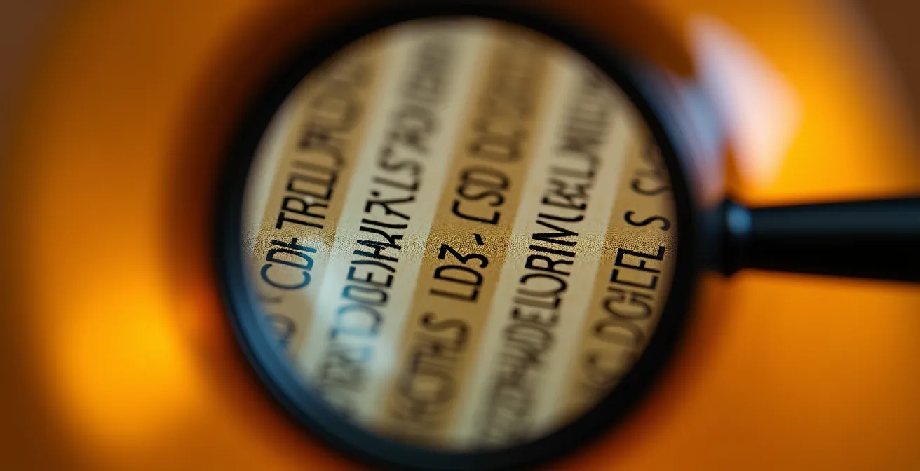 Gros plan sur une étiquette de bouteille de CBD observée à la loupe, mettant en lumière les détails importants.