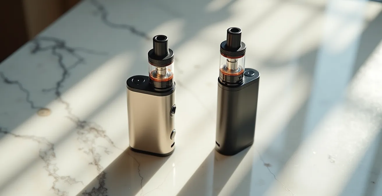 Deux cigarettes électroniques côte à côte sur surface minimaliste représentant l'alternance CBD et nicotine
