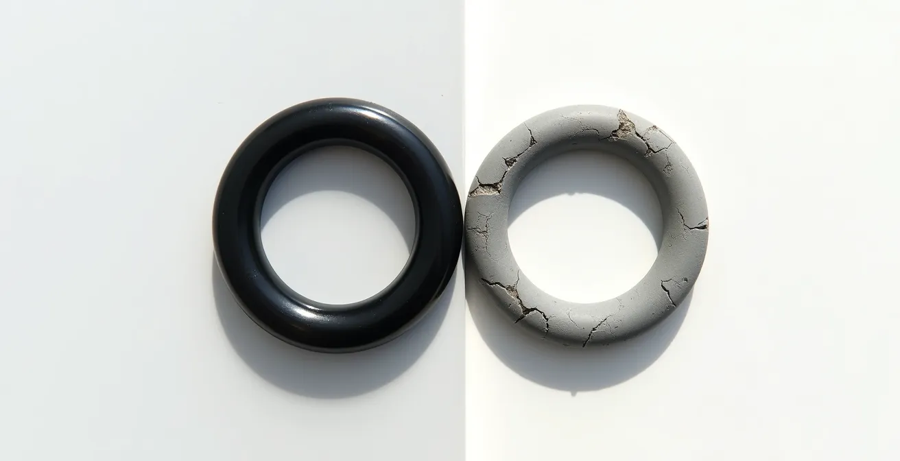 Comparaison visuelle entre un joint neuf et un joint usé sur fond neutre