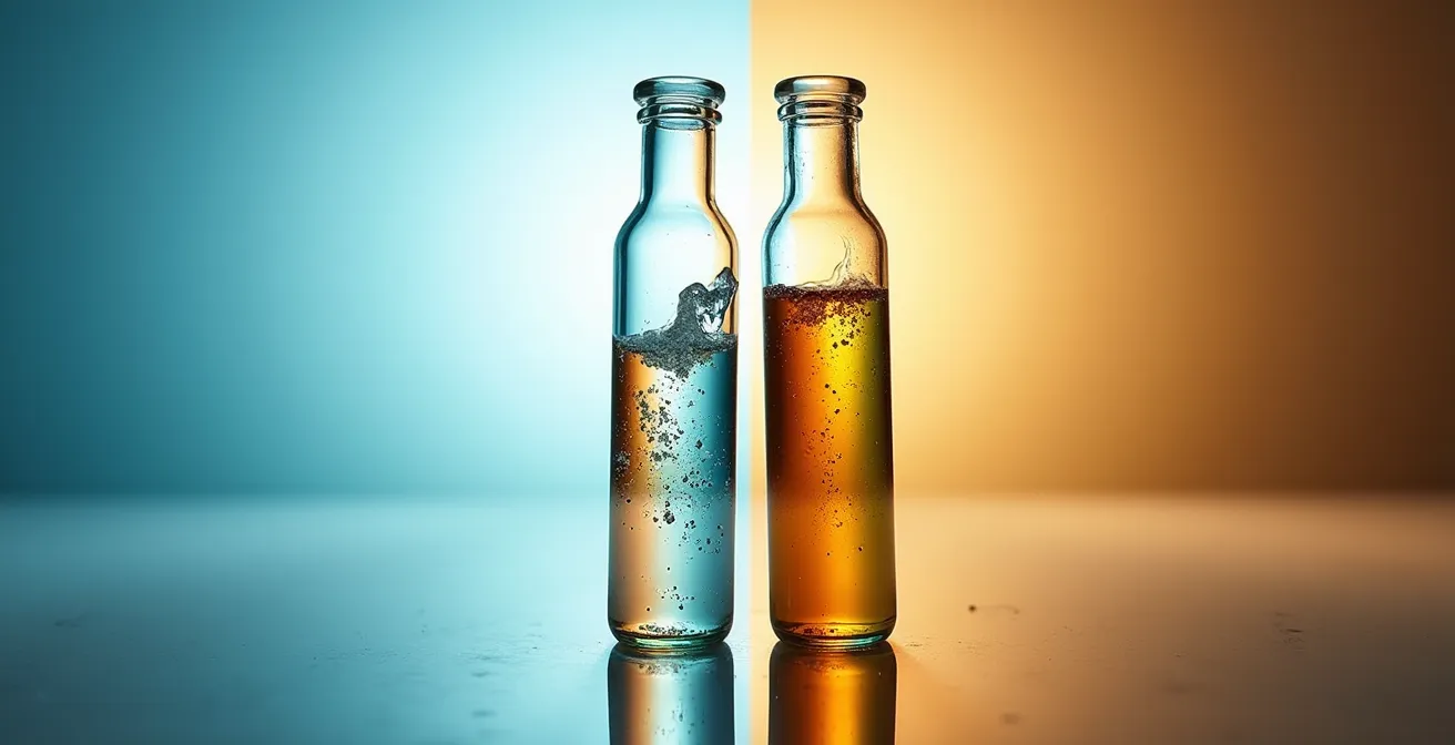 Comparaison visuelle entre un e-liquide frais et un e-liquide oxydé montrant le brunissement