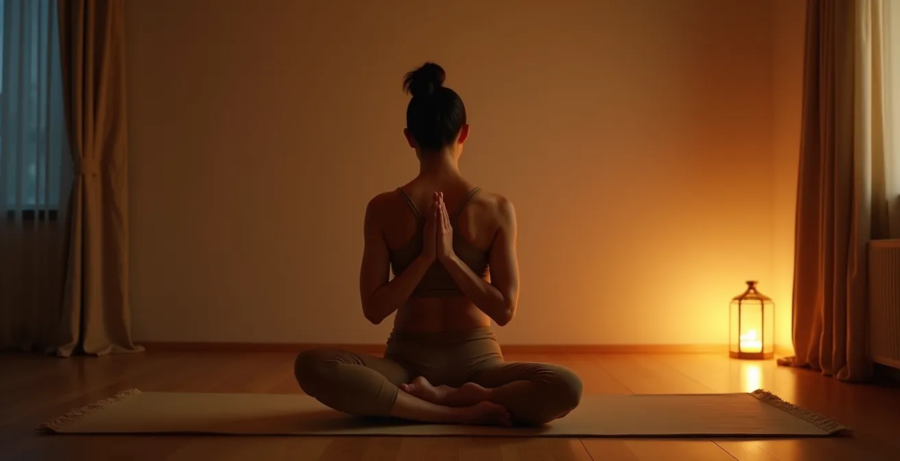 Personne pratiquant un étirement de yoga du soir dans une atmosphère tamisée et apaisante