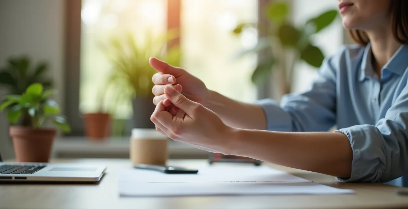 Personne effectuant des étirements discrets au bureau dans un environnement de travail moderne