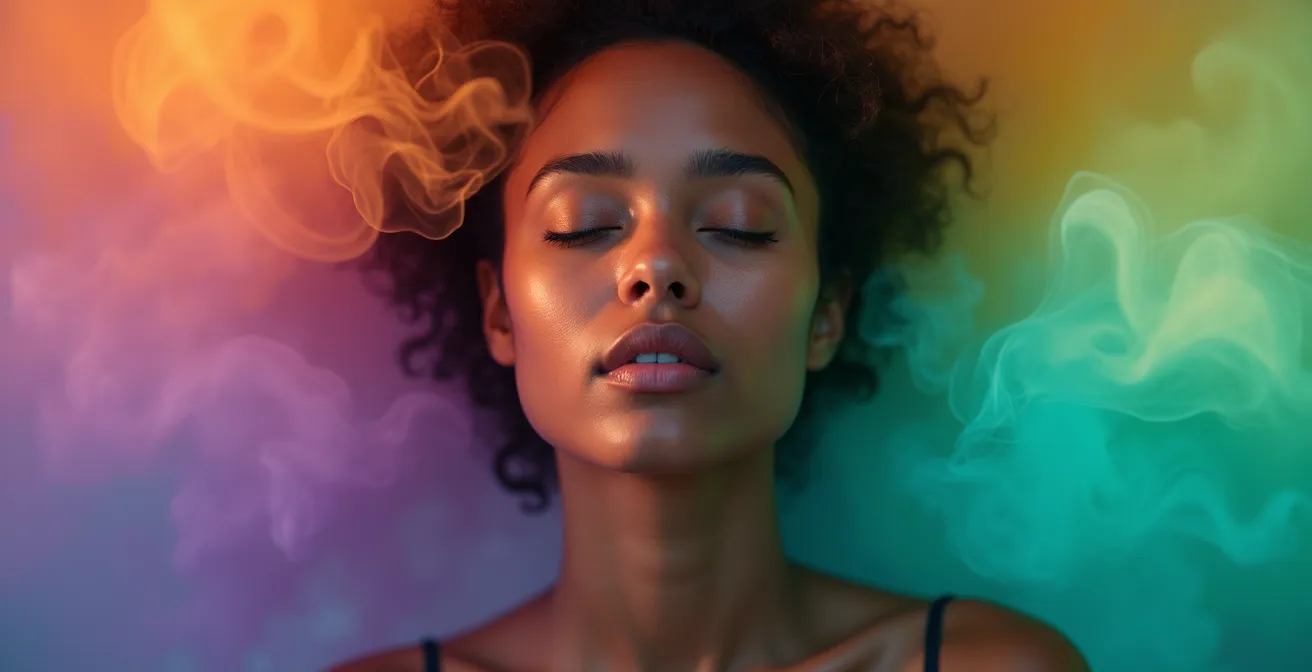 Portrait rapproché d'une personne les yeux fermés entourée d'une brume colorée évoquant différents arômes