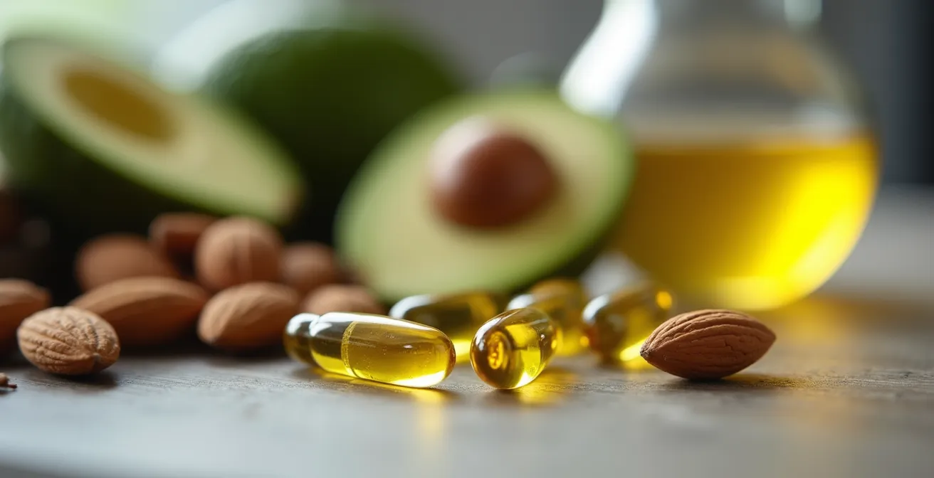 Gélule CBD posée près d'aliments riches en lipides dans un environnement culinaire épuré