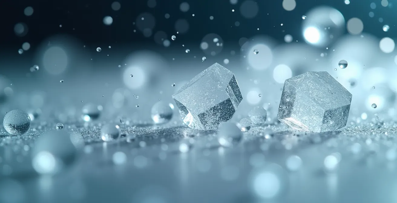 Vue macro de cristaux de CBD ne se dissolvant pas dans la glycérine végétale