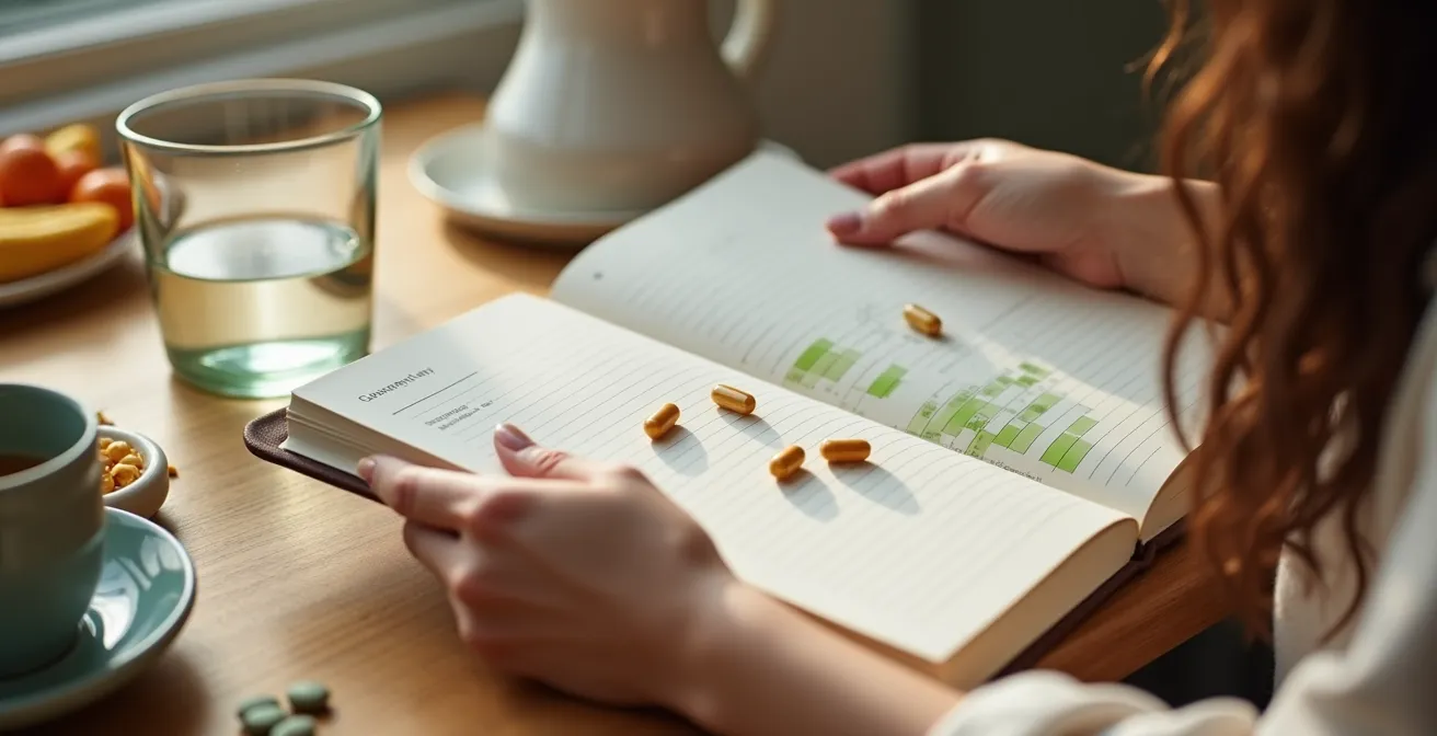 Journal de suivi ouvert avec graphiques de progression et gélules CBD disposées méthodiquement