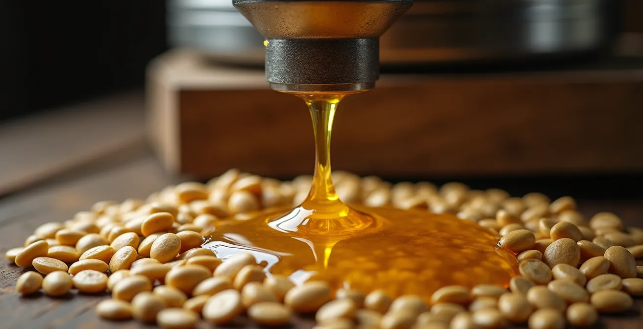 Graines de chanvre dorées versées dans un pressoir artisanal avec huile s'écoulant lentement