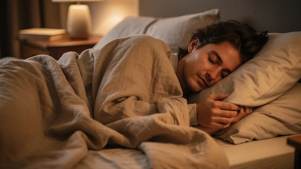 Personne dormant paisiblement dans une chambre aux tons chaleureux, ambiance de repos naturel