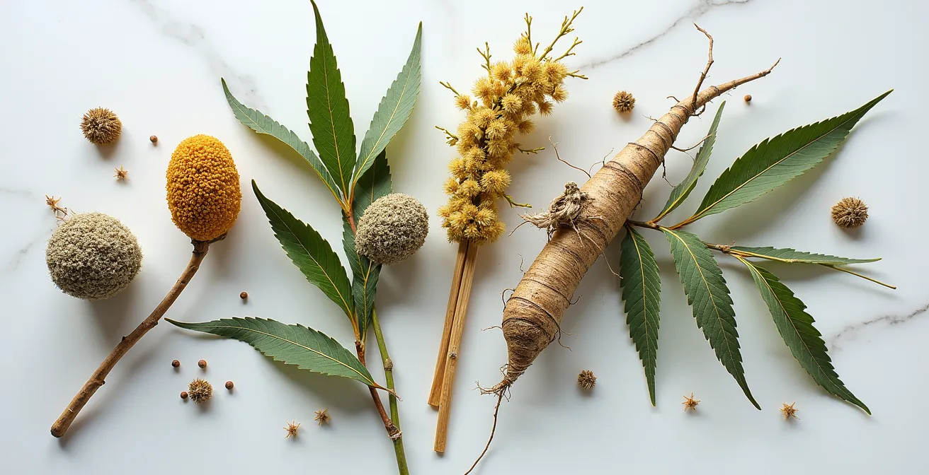 Composition artistique de plantes médicinales séchées avec valériane, mélisse et fleurs de chanvre