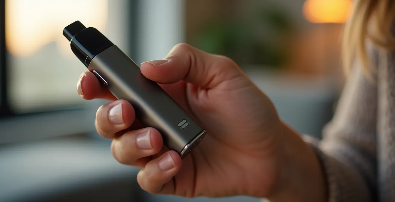 Pod vaporisateur compact avec écran OLED dans une main, montrant les réglages de température