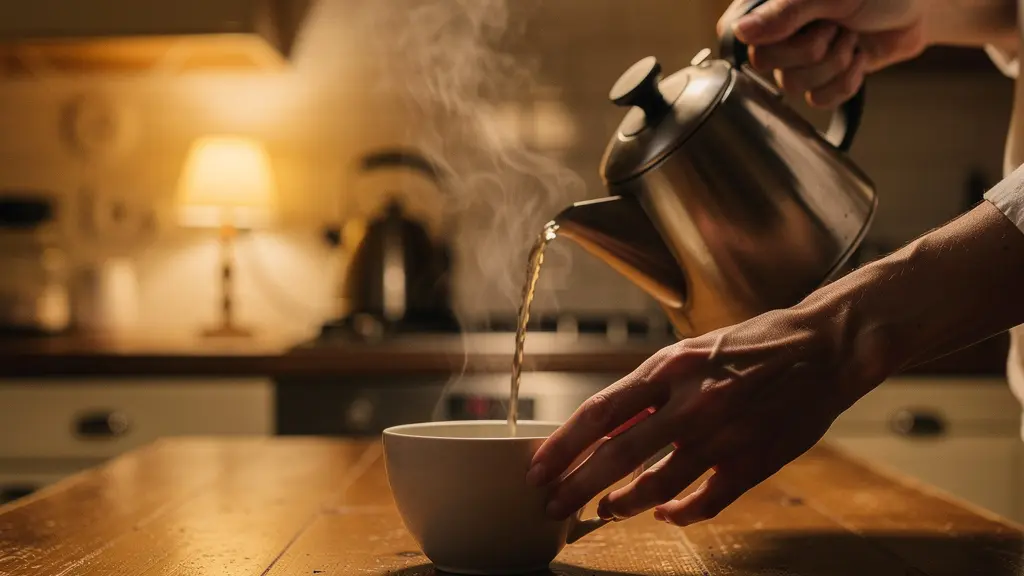 Tasse fumante d'infusion sur une table en bois dans une cuisine chaleureuse, rituel du soir apaisant