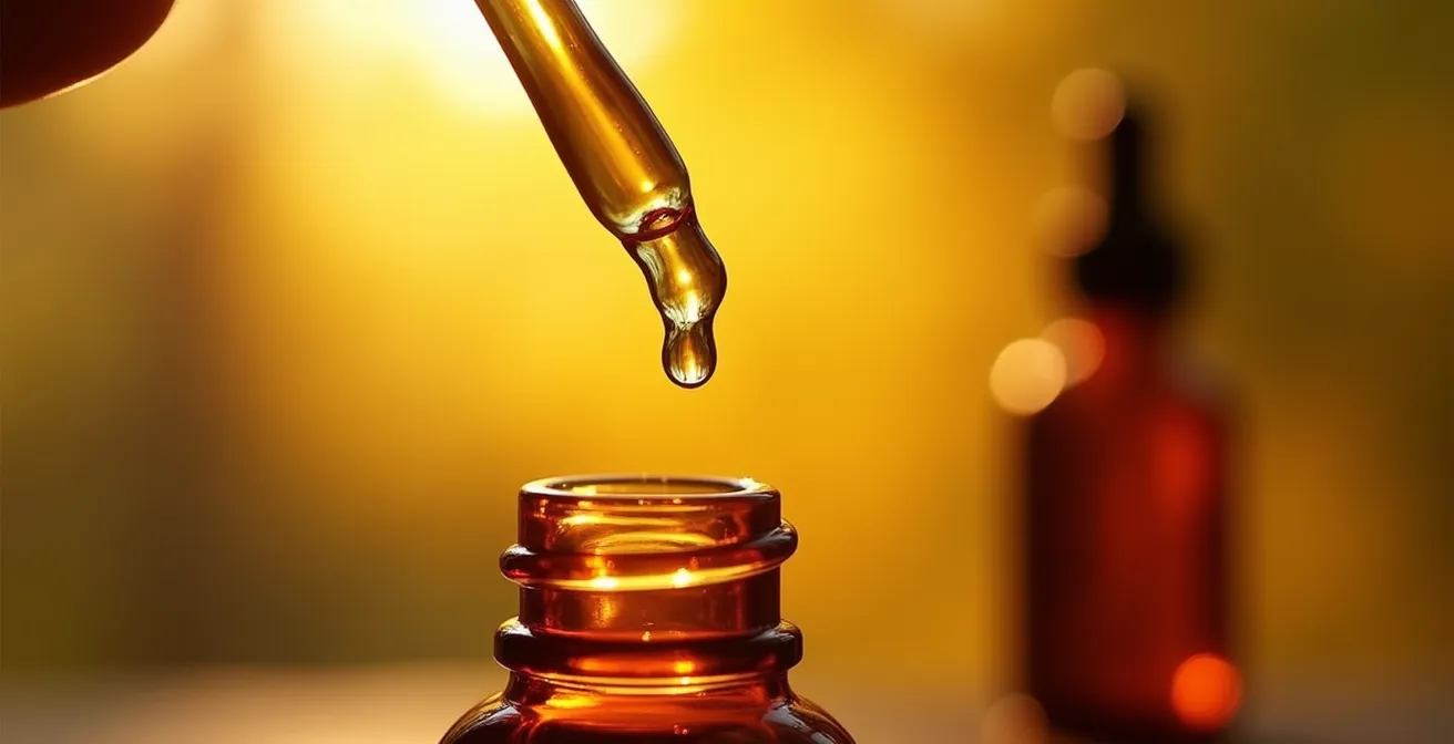 Main tenant un flacon compte-gouttes au-dessus de la langue avec lumière douce