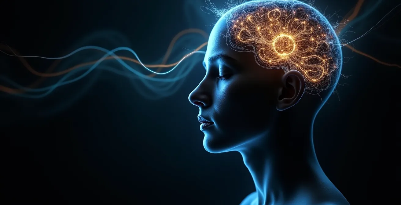 Visualisation artistique du cerveau en méditation avec représentation abstraite des réseaux neuronaux