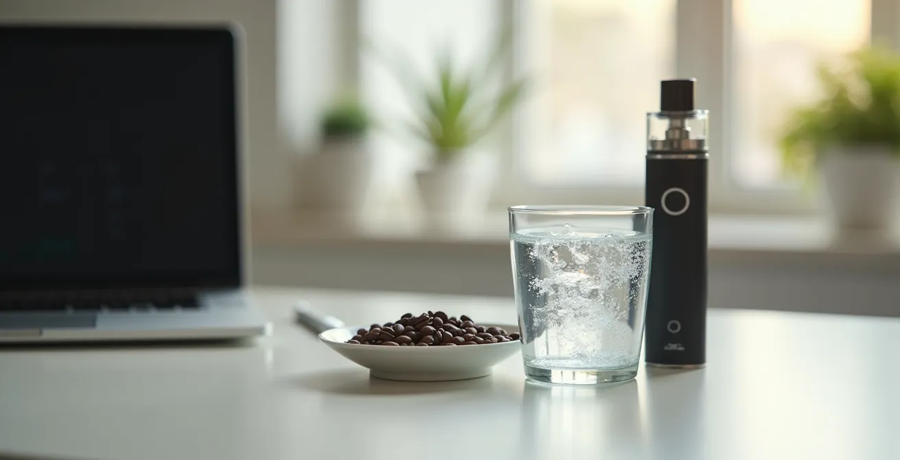 Environnement de pause vape avec grains de café et verre d'eau pétillante