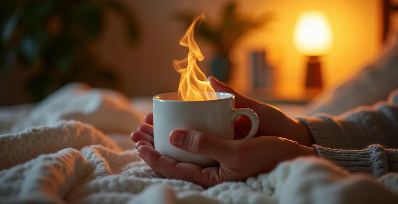 Ambiance du soir avec tasse d'infusion CBD dans un cadre apaisant propice au sommeil