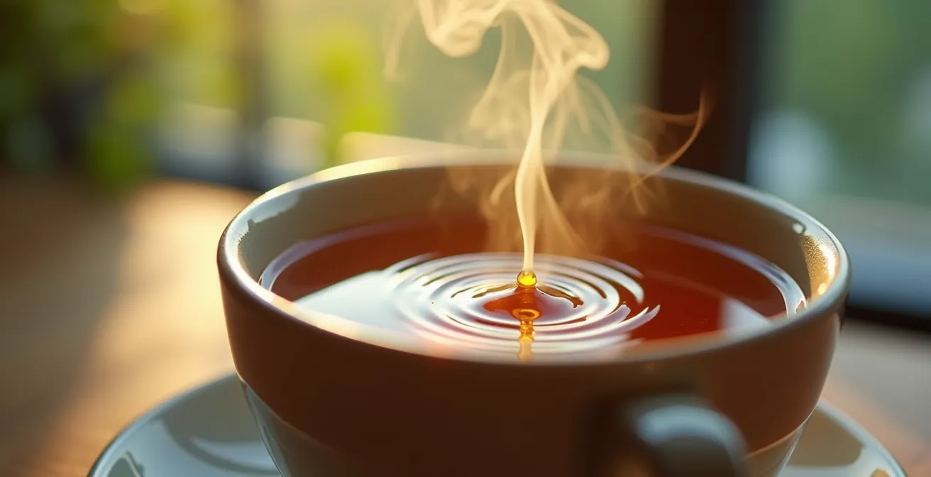 Ambiance de pause calme avec une tasse de tisane et des gouttes d'huile de CBD, symbolisant un rituel de productivité pour l'après-midi.