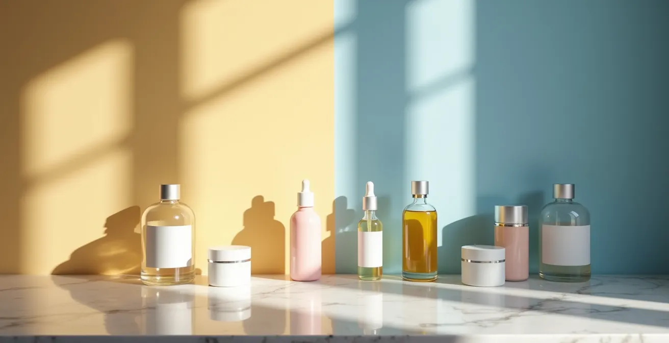 Routine beauté jour et nuit avec produits CBD disposés harmonieusement