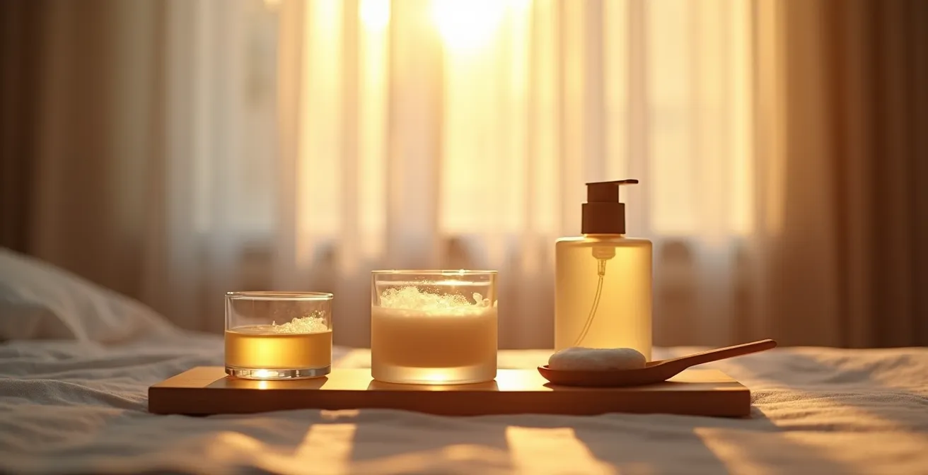 Table de nuit minimaliste avec produits de soin disposés pour routine du soir