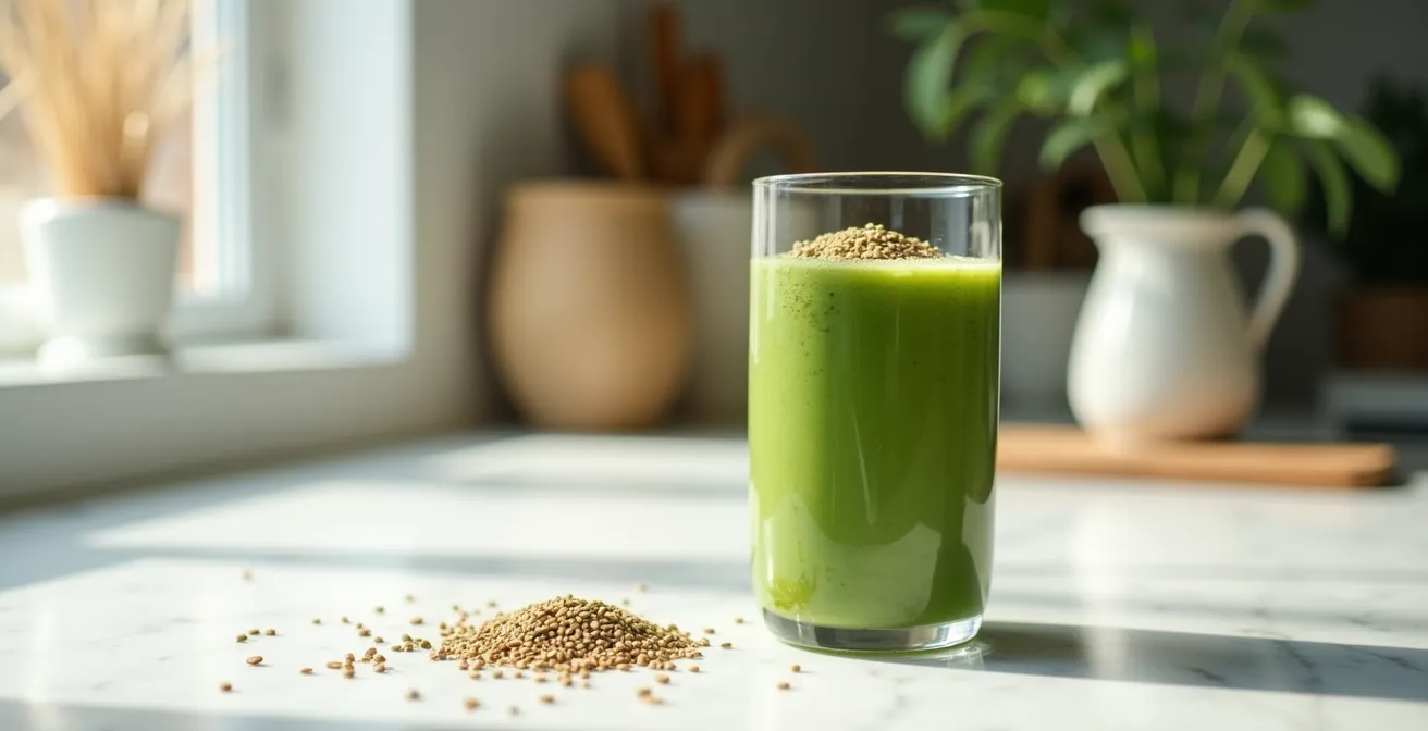 Verre de smoothie vert avec graines de chanvre saupoudrées sur le dessus