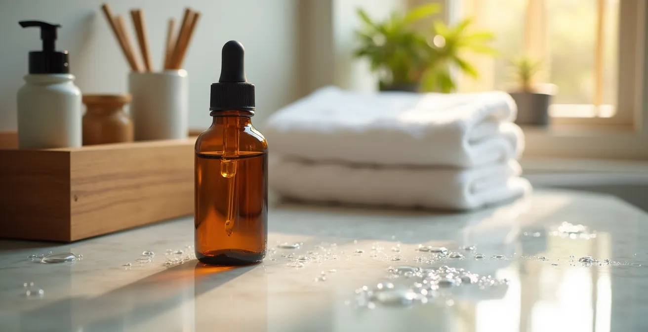 Comptoir de salle de bain épuré avec une station bien-être organisée près du lavabo