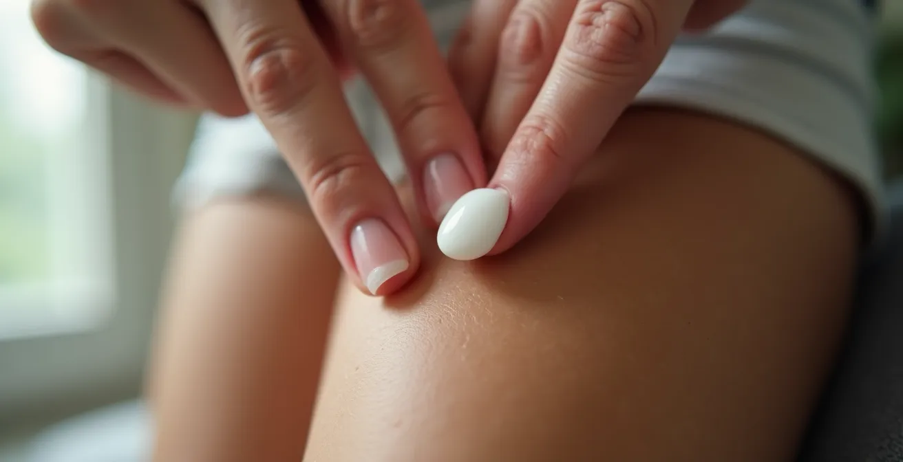 Mains effectuant une compression ischémique douce avec un baume CBD sur un muscle