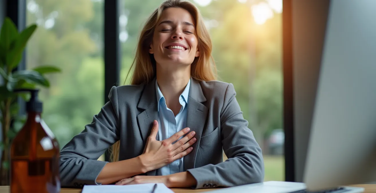 Personne pratiquant la respiration profonde dans un espace calme, retrouvant son calme après une angoisse au travail.