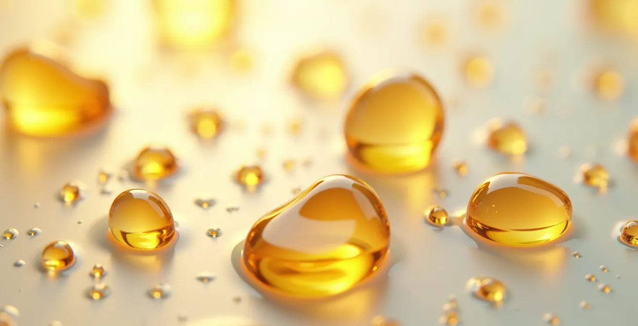 Texture macro d'un sérum au CBD montrant sa fluidité et transparence