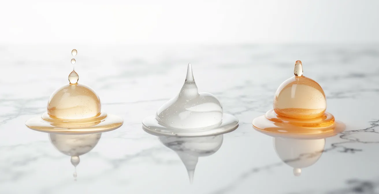 Gros plan sur différentes textures de lotions CBD montrant la viscosité et la transparence