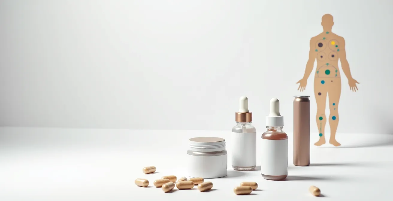 Composition minimaliste montrant différents produits CBD et leur zone d'application correcte sur une silhouette humaine.