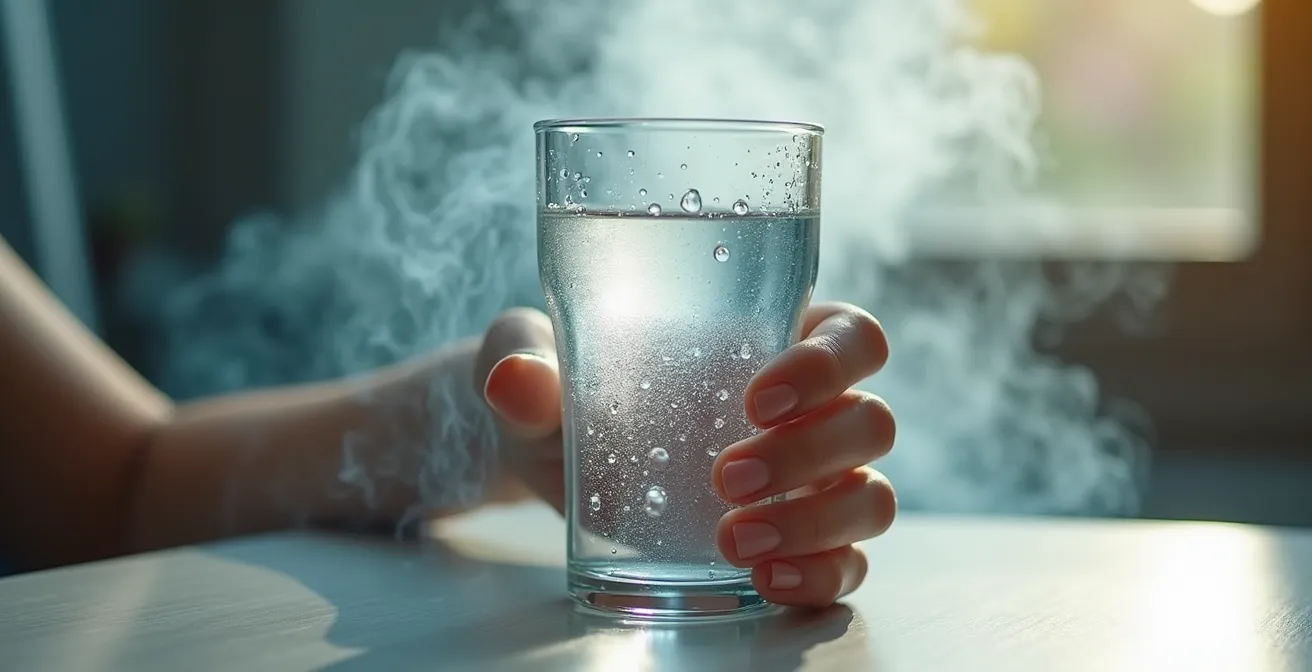 Main tenant un verre d'eau cristalline avec vapeur d'e-cigarette en arrière-plan