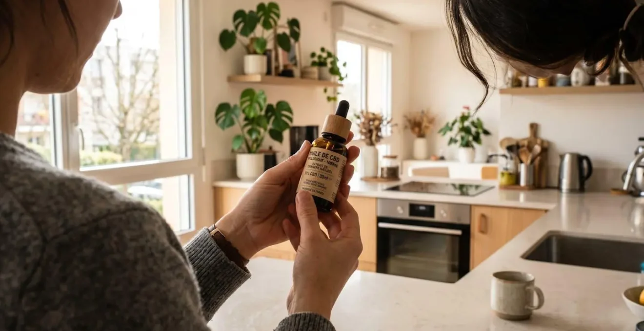 Mains d'une personne tenant un flacon ambré d'huile CBD et examinant l'étiquette de près, vue par-dessus l'épaule sans visage visible, intérieur domestique contemporain lumineux