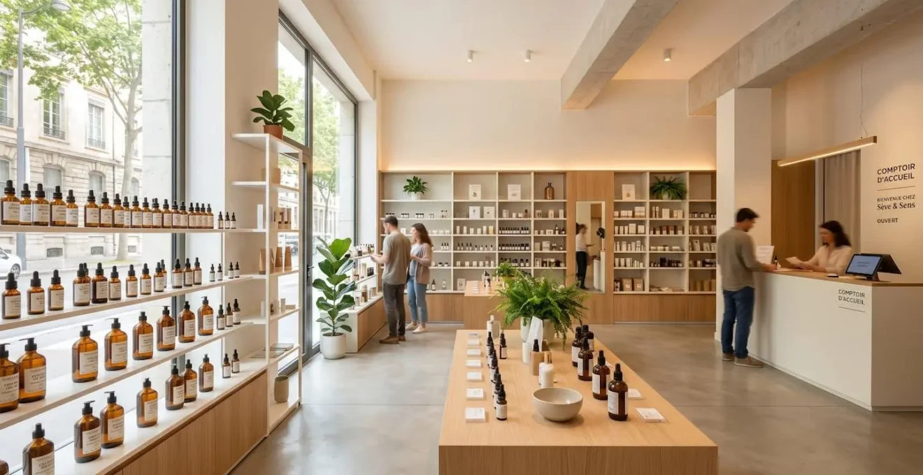 Étagères blanches modernes d'une pharmacie contemporaine avec rangées d'huiles CBD aux flacons ambrés, éclairage naturel doux créant des ombres légères