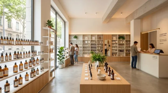 Étagères blanches modernes d'une pharmacie contemporaine avec rangées d'huiles CBD aux flacons ambrés, éclairage naturel doux créant des ombres légères